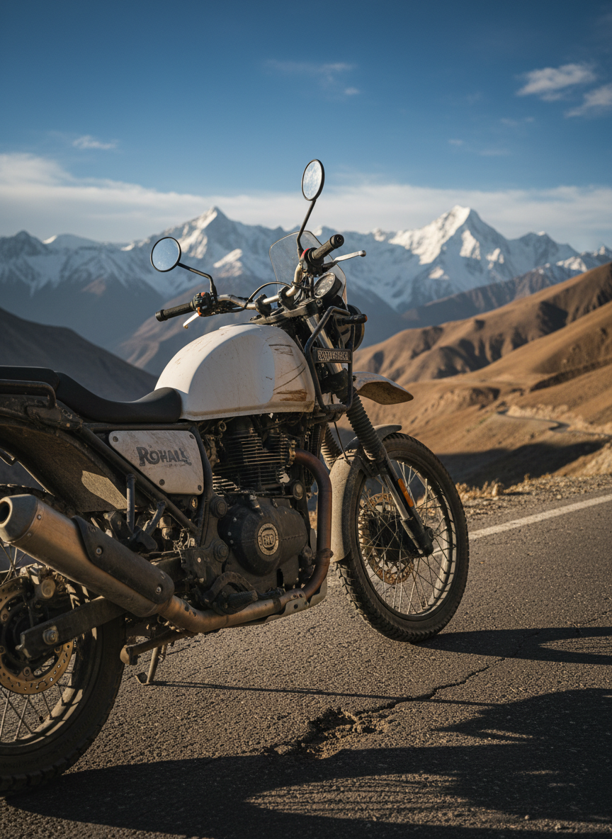 A rugged Royal Enfield Himalayan 450 motorcycle parked at the edge of a winding mountain road in the Indian Himalaya, its matte white tank dusted with fine brown road dirt and soft scratches from long travel. Around it stretch endless layers of snow‑capped peaks and barren, ochre-colored valleys under an immense deep‑blue sky. Late afternoon golden-hour sunlight bathes the scene, creating warm highlights on the metal parts and long dramatic shadows on the cracked asphalt. Photographic realism, shot from a low three-quarter angle focusing on the bike in the foreground, with sharp detail on tires and engine and a gently blurred mountainous background. The mood is pure adventure and longing for distant horizons, emphasizing solitude, freedom, and the call of the open road.
