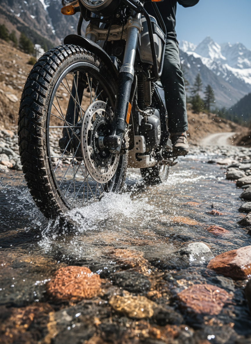The front wheel and suspension of a Royal Enfield Himalayan 450 in extreme close-up as it cuts through a shallow meltwater stream on a rocky Himalayan track. Crystal-clear water splashes around the knobby tire, droplets suspended midair, reflecting tiny fragments of sky and stone. Beneath the surface, smooth river rocks in earthy reds and grays are visible. Strong midday mountain sunlight creates sparkling highlights on the water and bright reflections on the metal spokes and brake disc. Photographic realism, shot from a very low angle near the waterline with a fast shutter feel, freezing motion while the background of rugged mountains and a dirt trail falls slightly out of focus. The mood is dynamic, raw, and adventurous, emphasizing off-road capability and tactile riding sensations.