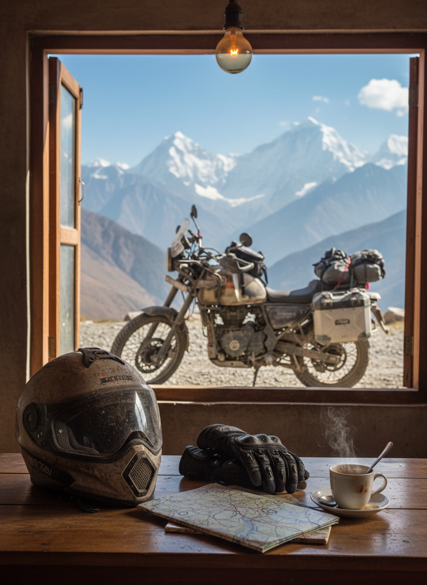 A cozy roadside dhaba table scene high in the Himalaya, viewed without any people, only the traces of a rider’s presence. A well-worn, dust-covered adventure helmet with a tinted visor rests beside a pair of rugged riding gloves and folded paper maps with faint high-pass markings. In the background, through a large open window, a Royal Enfield Himalayan 450 is parked on gravel against a dramatic backdrop of jagged, snow-dusted peaks. Soft, warm interior light from a single hanging bulb contrasts with the bright but cool daylight outside. Photographic realism, shot from table height with shallow depth of field, focusing on the helmet texture and faint dust patterns while the bike and mountains gently blur. The mood is reflective and intimate, capturing a quiet pause amid an intense journey.