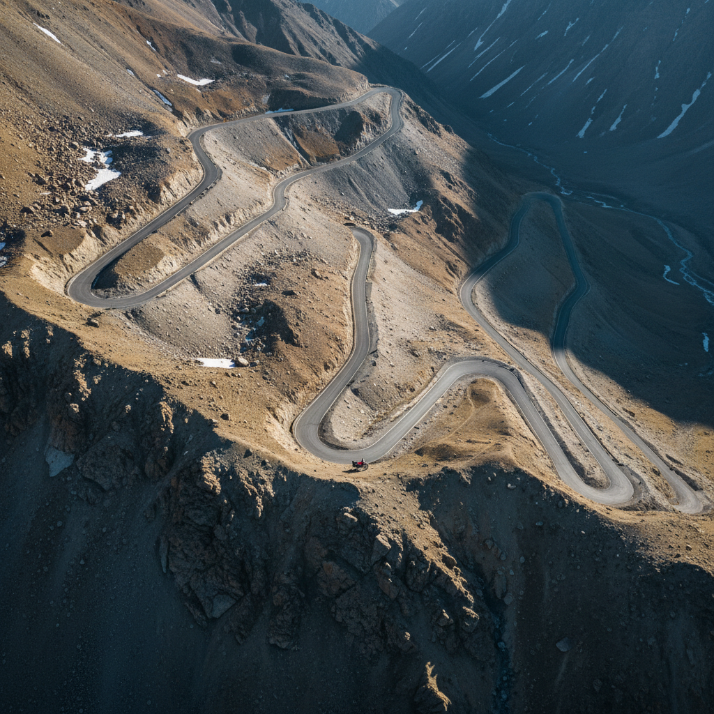 An expansive bird’s-eye view of a narrow, serpentine mountain road etched into the barren slopes of the Indian Himalaya, with a tiny Royal Enfield Himalayan 450 leaning into a hairpin curve far below. The switchbacks carve sharp, elegant lines through ochre and gray rock, with occasional patches of snow and scree fields adding texture. High-altitude sunlight casts crisp shadows that emphasize the road’s dramatic curves and steep drop-offs. Photographic realism, wide-angle aerial composition with sharp focus throughout, capturing the intimidating scale of the landscape compared to the small motorcycle. The atmosphere feels awe-inspiring, remote, and slightly intimidating, conveying the vastness of the Himalaya and the sense of insignificance and exhilaration that comes with crossing such high passes by motorcycle.